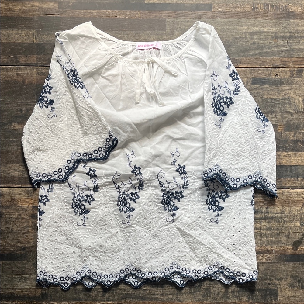 White and Blue Embroidered Women's Top